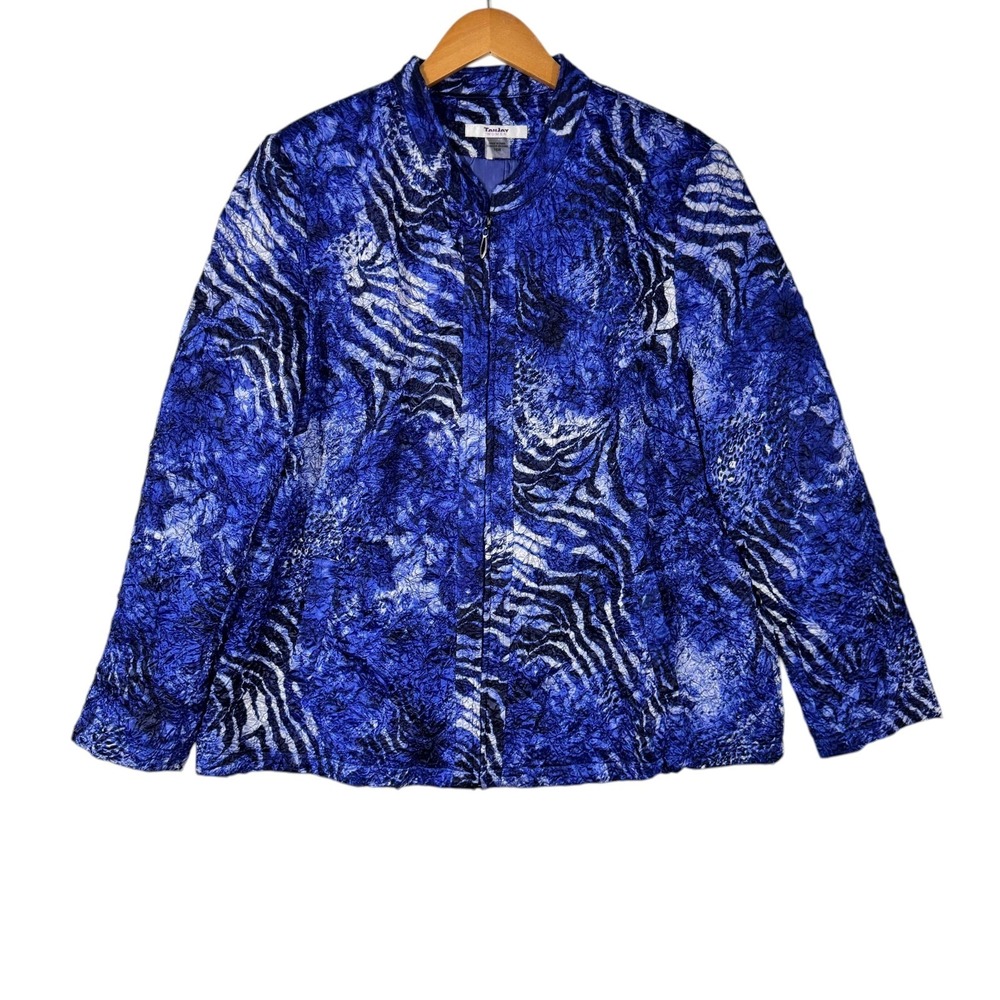 TanJay Jacket Women 16W Blue Abstract Print Lightweight Open Front Blazer